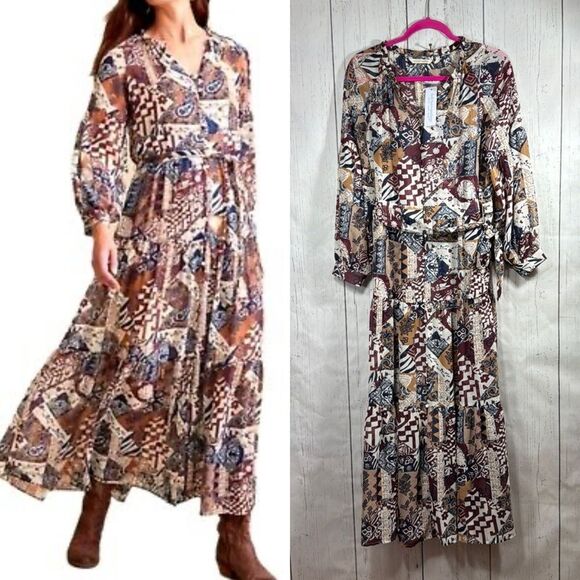 Soft Surroundings Hailey Patchwork Paisley Sheer Tiered Long Sleeve Maxi Dress - Picture 1 of 16